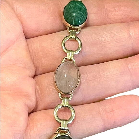 Vintage 10K Gold Filled Egypt SCARAB carved stone bug link bracelet - Picture 4 of 10